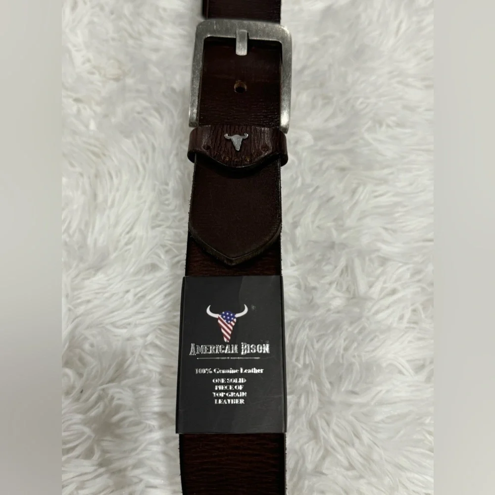 American Bison Size 34 Mens Brown Leather Belt silver Hardware